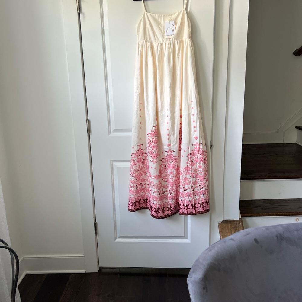 Commense Cream with Pink Floral Accents Elegant Dress - Picture 7 of 7